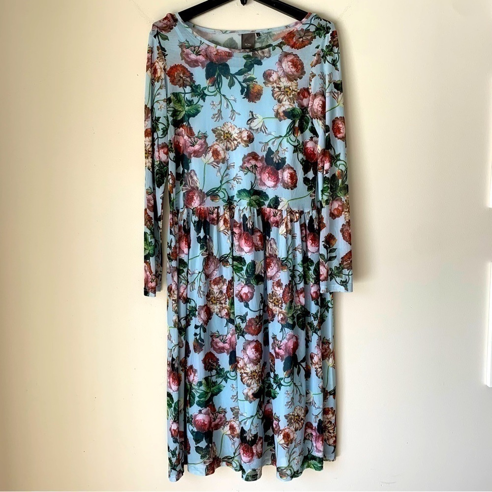 ICHI floral Print Blue Long Sleeve Sheer Midi Dress Size Small